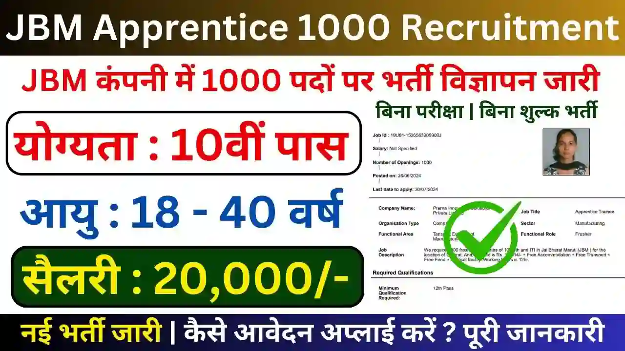 JBM Apprentice 1000 Recruitment Apply Online Work